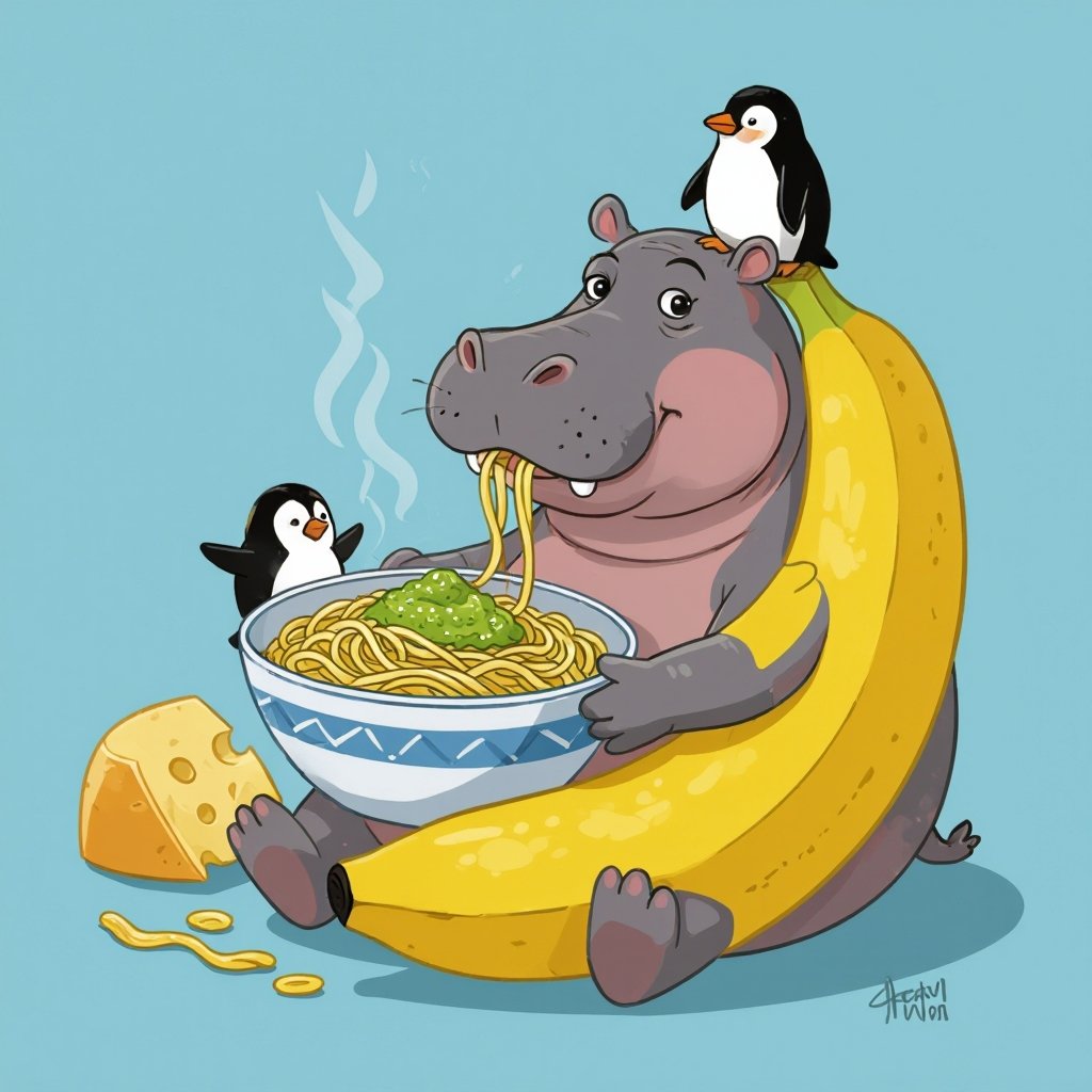 Un ippopotamo con il corpo di banana conuna ciotola con dentro della pasta e pesto con vicino un grana padano vicino e ha pingu sopra la testa