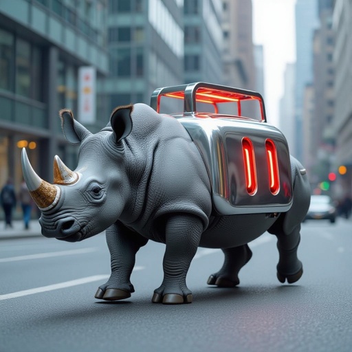 A rhino mixed with a toaster running in the city