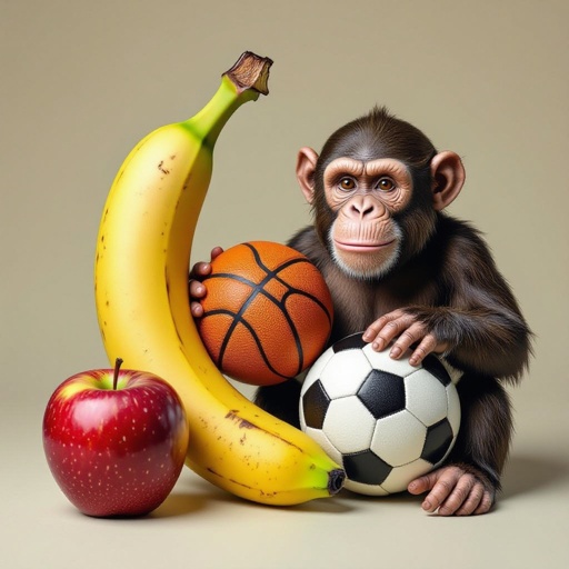 A banana holding an apple, a new basketball and a banana and a basketball holding a soccer ball and holding a big fat baby chunky monkey