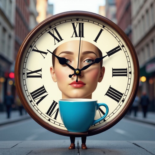 Clock with human face 2 human leg and blue cup with human face 2 human leg in city