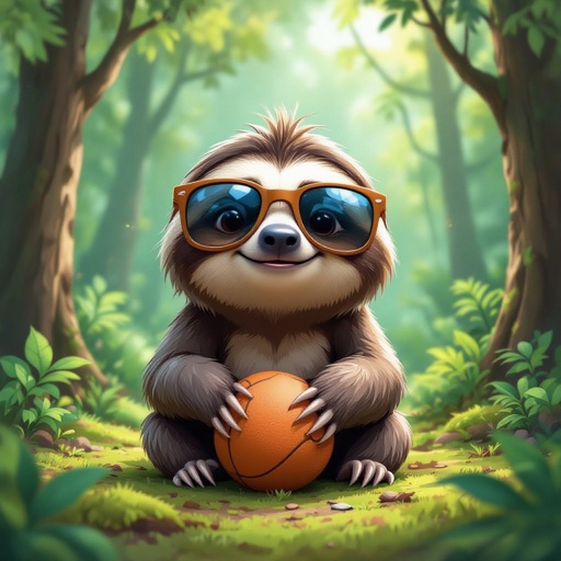 Un perezoso caricaturesco con lentes de sol grandes y brillantes, posando con una pelota frente a él, estilo divertido y exagerado, con proporciones y colores absurdos, en un bosque realista y detallado, con árboles, luz natural filtrándose entre las hojas y un suelo con musgo y hojas, mezcla de caricatura y realismo, iluminación suave y ambiental, estilo artístico semi-realista, ridículo y adorable.”