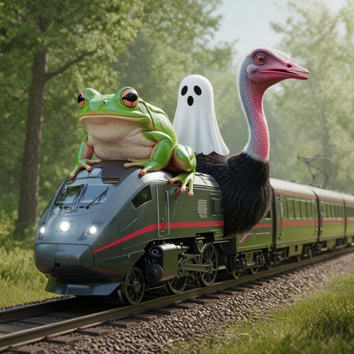 Una rana fusa con una ruota fuso con un t-rex fantasma fuso con lo struzzo treno futuristico usa ad un elefante fragola