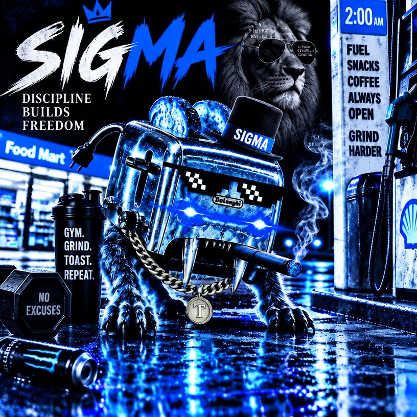 Blue-toned collage featuring a stylized lion, gym truck, rain, and motivational text.