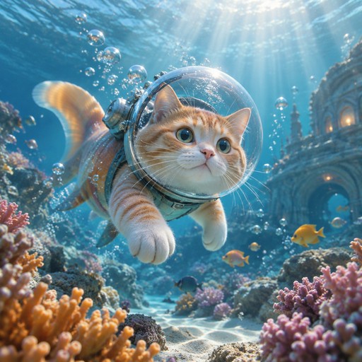 Orange cat wearing a clear helmet swims through a colorful coral reef underwater.