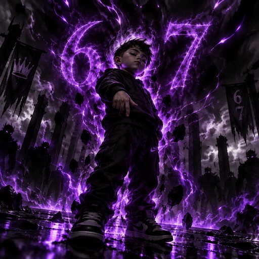 Person standing amid glowing purple lightning in a dark, dramatic city scene