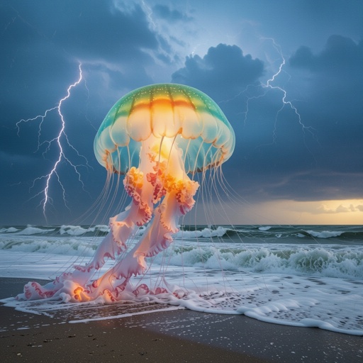 Giant rainbow jellyfish in beach storm