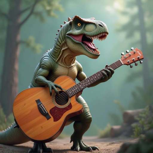 Un t-rex che suona la chitarra
