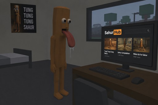 Low-poly wooden character with a long tongue beside a computer displaying a dark website in a dim room