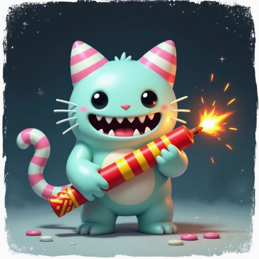 A candy monster that has cat ears and it holds a dynamite