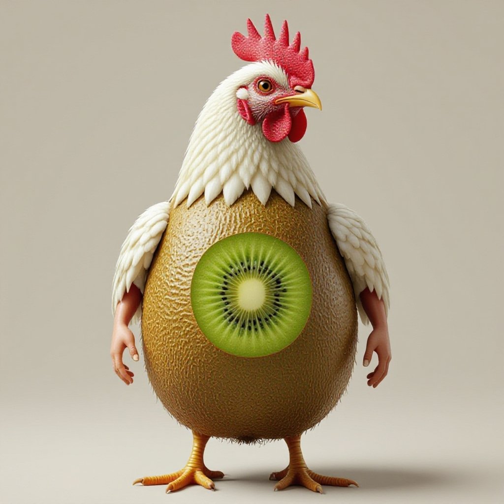 An kiwi with an chicken head and human kegs