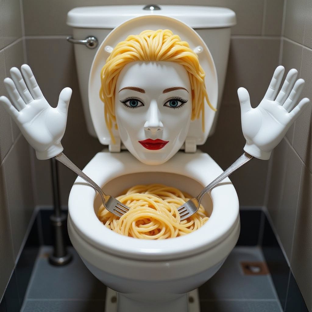 Toilet with human face 2 white hand with spaghetti hair spaghetti in side toilet bowl with fork in city