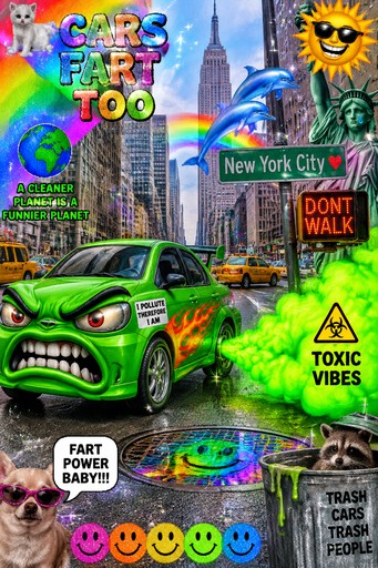 Cartoon green cars, city street signs, colorful graffiti, and meme text in a neon collage style.