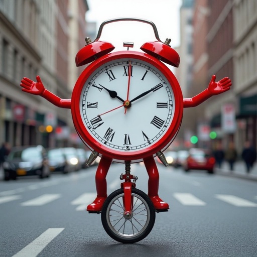 Red clock with human face 2 red arm 2 red leg ride unicycle in city