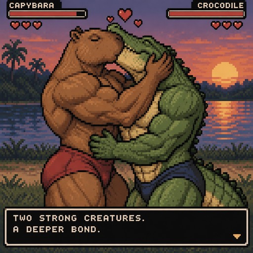Pixel art of a capybara and crocodile embracing during a sunset battle game scene