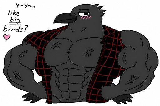 Cartoon muscular bird-like character wearing a black and red checkered vest.