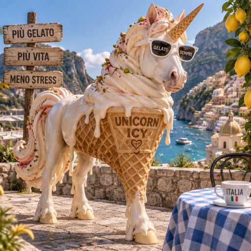 Surreal unicorn made of gelato beside a blue-checkered café table overlooking a coastal town