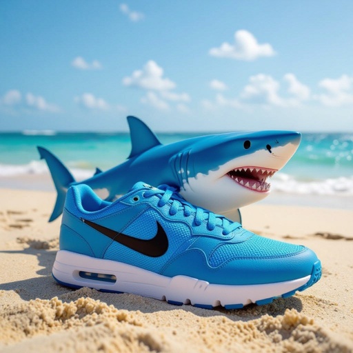 Uno squalo nella spiaggia con delle scarpe Nike blu