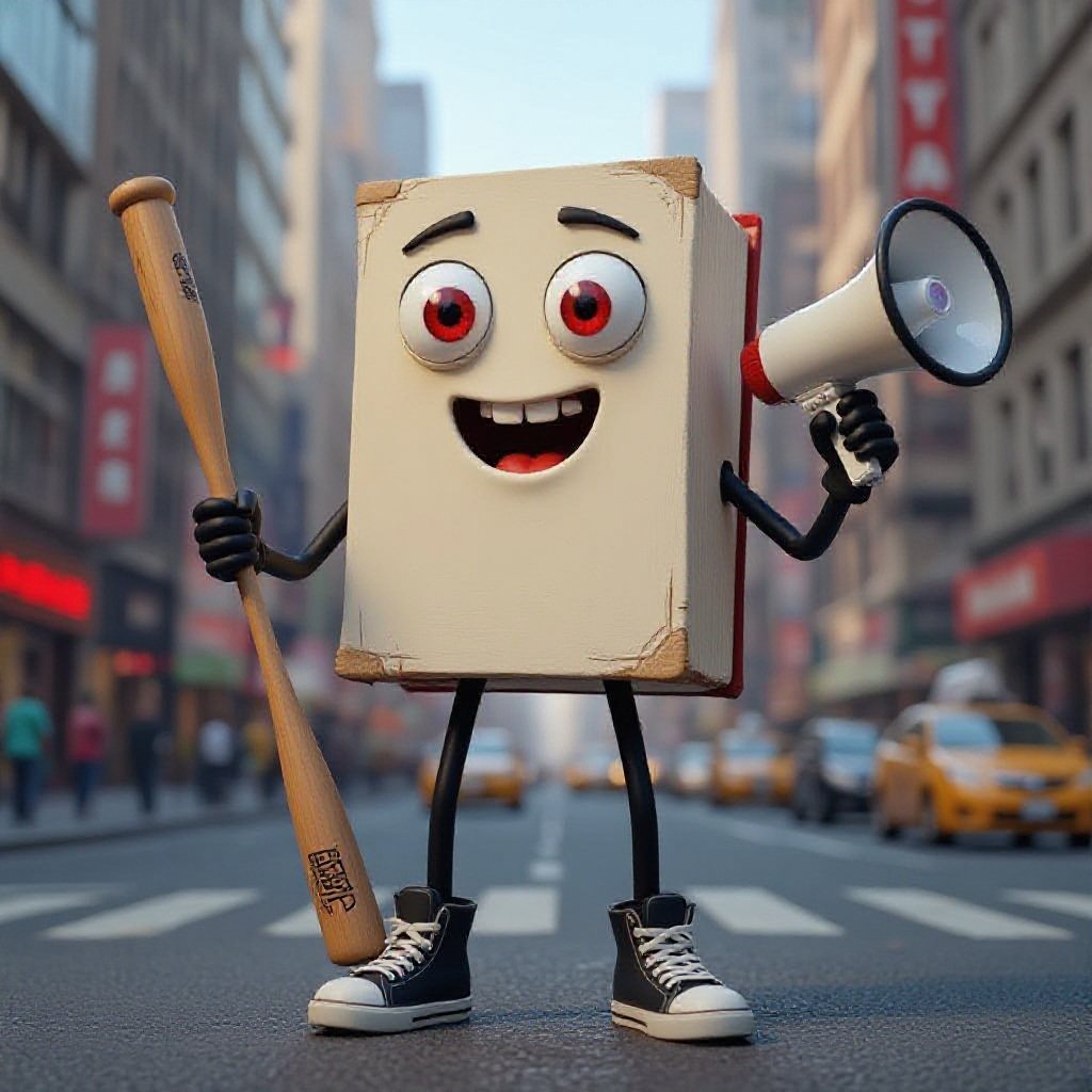 Book with human face 2 red eye 2 black arm 2 black leg with wear 2 shoes with baseball bat and megaphone in city