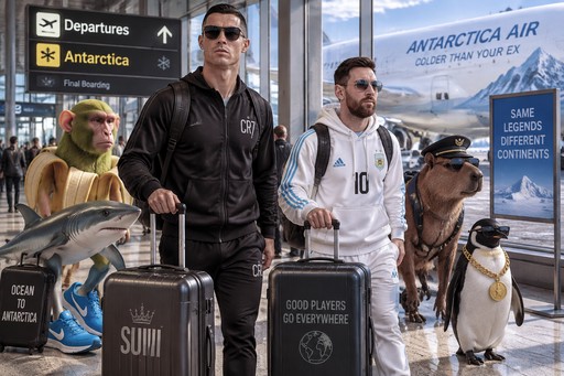 People and penguins pose in an airport with Antarctica-themed travel signs and luggage.
