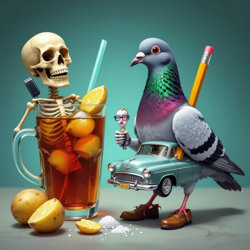 Iced tea with skeleton with phone head with pigeon with grey car body wear 2 shoes 4 pigeon leg with pencil with human face with salt and honey potato with human face wear glasses and necklace 1 human hand is good in city