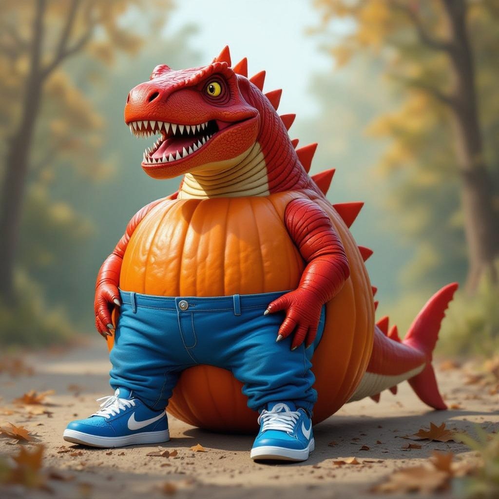 Una zucca con la testa di dinosauro rosso, la coda di uno squalo pantaloni blu e scarpe Nike blu