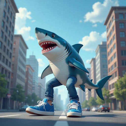 Shark with 2 human leg with 2 wear blue shoes in city