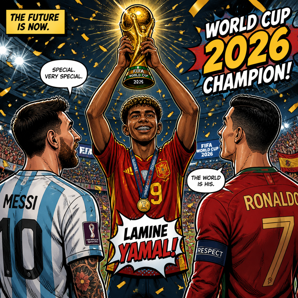 Messi and Ronaldo watch lamine Yamal lifting the World Cup 2026