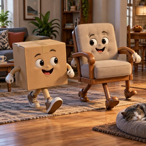 Animated cardboard box and armchair characters walking indoors, with a cat nearby.