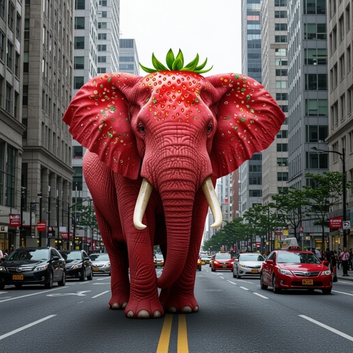 Elephant with strawberry skin strawberry hair in city