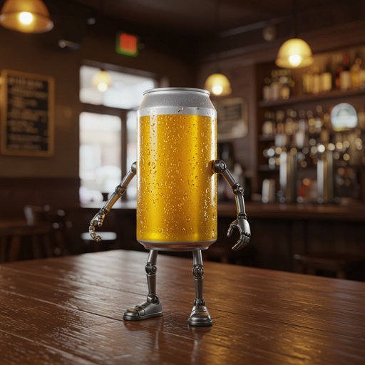 Make a beer can have legs and and arms in a pub