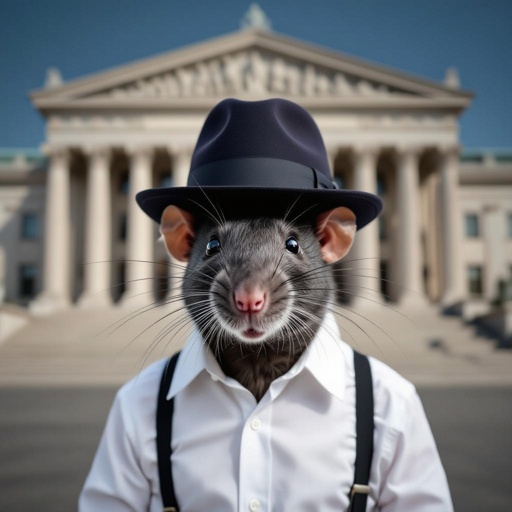 un ratto con un assalto un cappello Fedora e una camicia elegante e come sfondo una banca