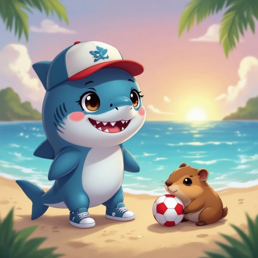 Squalo con le scarpe e un capybara sulla spiaggia con un pallone da calcio
