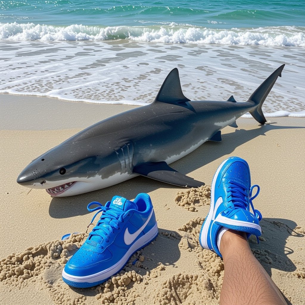 Uno squalo nella spiaggia con delle scarpe Nike blu