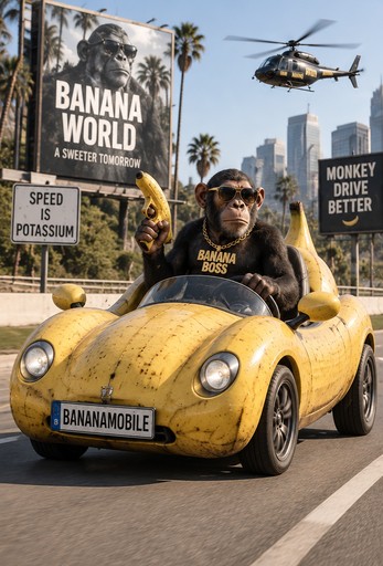 A gorilla in a yellow banana car beneath a helicopter, with tropical city signs.