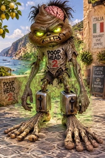 poop head 2 with an ugly body that looks like an zomby and the head's brain need's to stick out  the legs look like tosters and toes are 10 ft long cracked, stone-like skin

glowing eyes

messy cartoon hair

ripped clothes

toaster‑shaped legs (funny, not gory)

super long silly toes

 real exposed brain

green fog or spooky aura