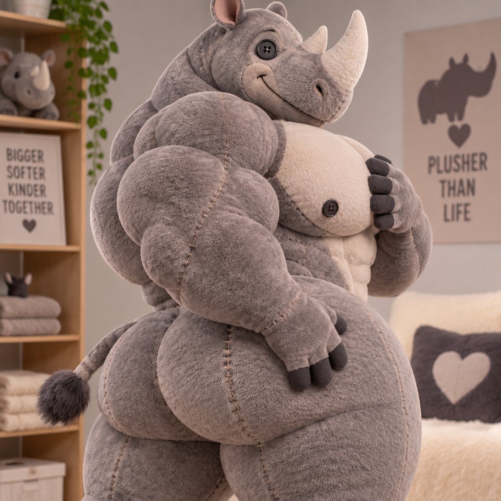 Plush gray rhinoceros character holding a smaller plush, surrounded by cozy decor.