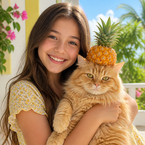 Make a cat with a pineapple on his head with a girl holding him