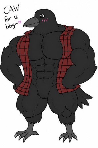 Cartoon black crow wearing a red plaid vest, flexing with wings raised.