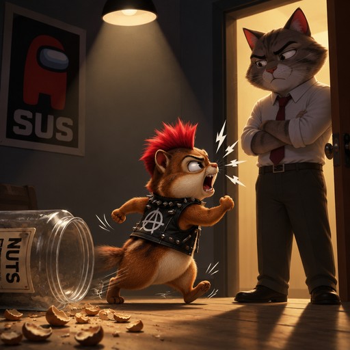 Cartoon squirrel confronts an anthropomorphic cat in a doorway, surrounded by debris.