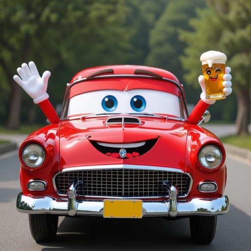 car with face and arms holding a beer