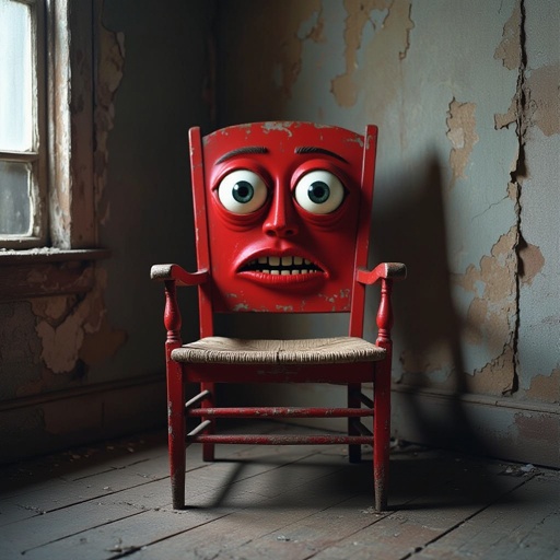 A red chair with eyes and mouth in the darkness