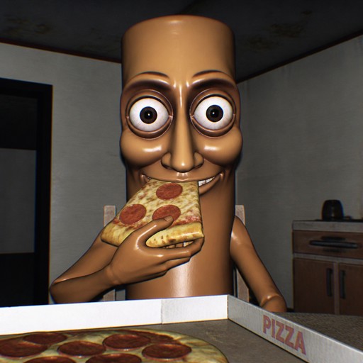 Animated humanoid character eating pizza in a dimly lit kitchen.