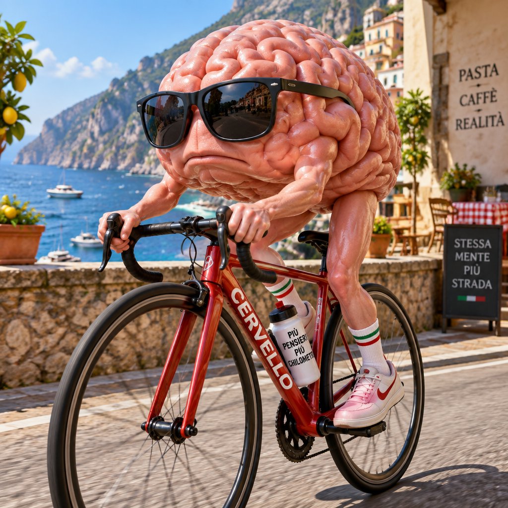 Cartoon brain wearing sunglasses rides a red bicycle along a sunny coastal street.