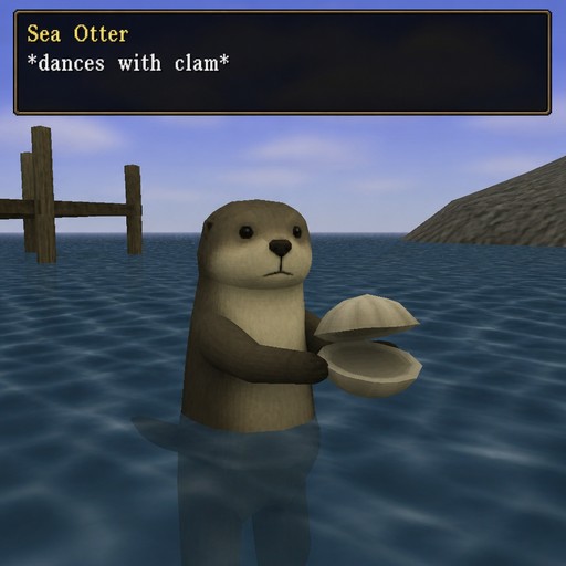 Low-poly otter dancing in the ocean, holding clam shells, with text overlay