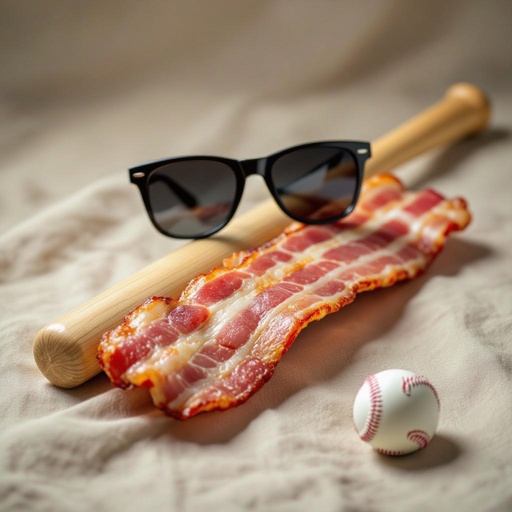 Um bacon de óculos escuros e com um taco de baseball na mão