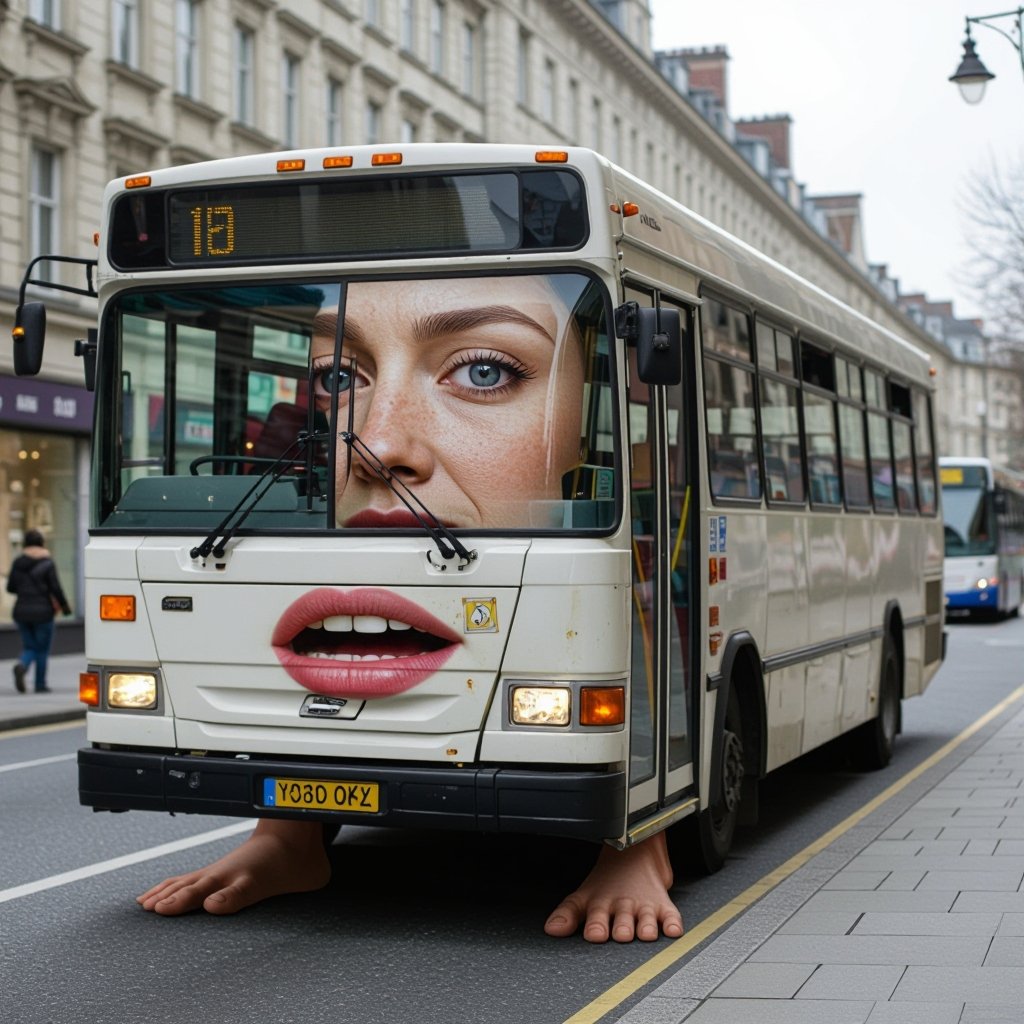 A bus with a human face and with legs the mouth is creepy