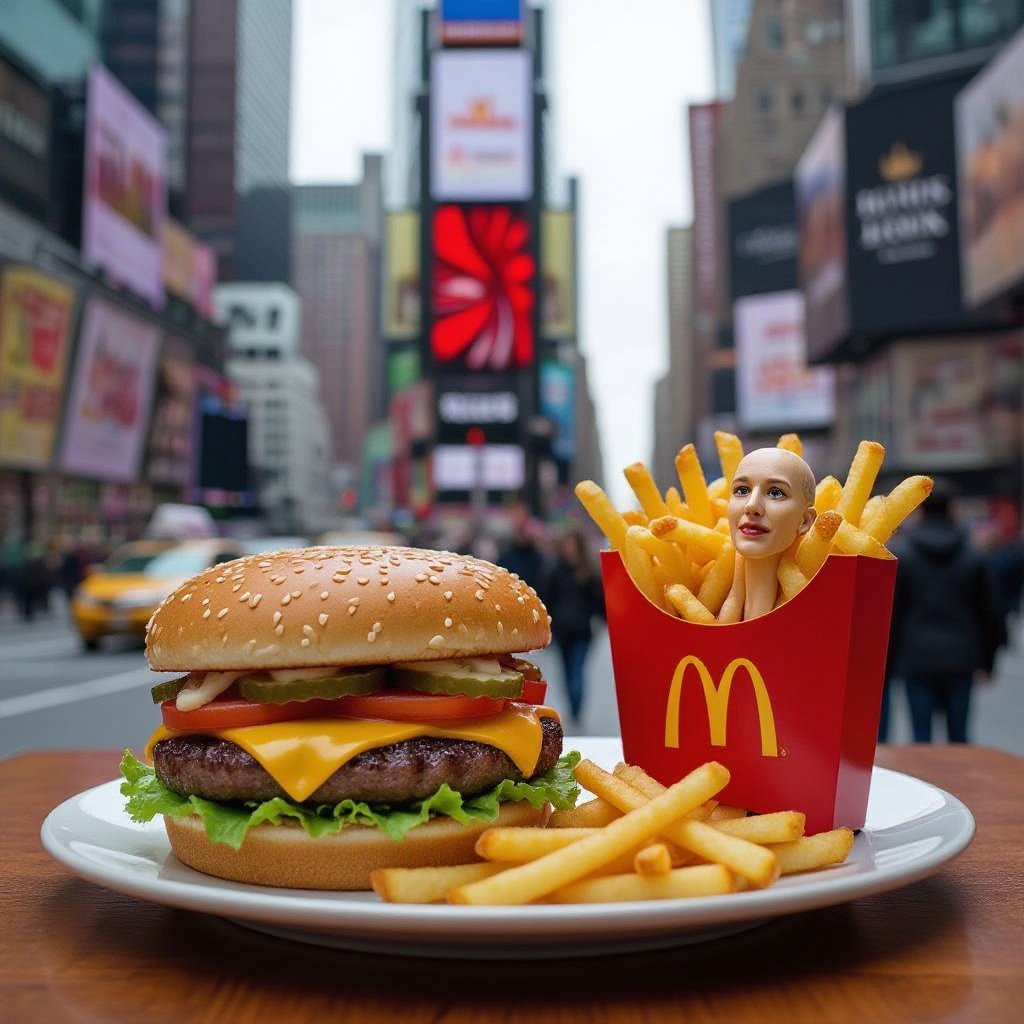 Cheeseburger with human face 2 human leg and fries with human face 2 human leg in city