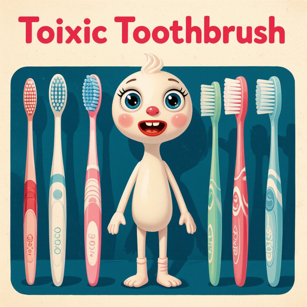 A toothbrush with eyes, mouth, floppy nose, legs, and arms