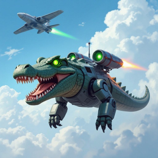 Giants robot crocodile with 2 green eye with 2 radiation rocket on back in sky