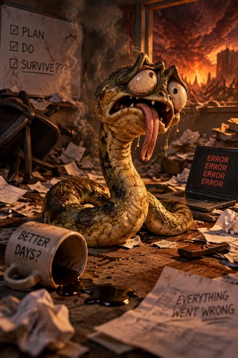 Cartoon snake in a fiery office, surrounded by scattered papers and signs.